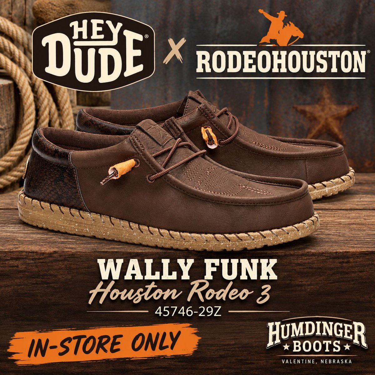 HumdingerBoots's tweet photo. 🤠 Western style just hit HEYDUDE.

The new HEYDUDE Wally Funk Houston Rodeo 3 - 45746-29Z is here at Humdinger Boots!

This one has Western written all over it. A solid leather upper, snakeskin leather heel, rope-inspired stitching, whip-stitch detail around the midsole, and a belt buckle accent — all with the lightweight, easy-on comfort HEYDUDE is known for.

If you like HEYDUDE but want something with a little more cowboy in it, you need to see this one.

🔥 IN-STORE ONLY at Humdinger Boots

Stop in and check them out while we have your size!

📍 Humdinger Boots
232 S. Main St. | Valentine, Nebraska
Call 531-257-5329

Nebraska Born. Western Worn.

#HumdingerBoots #HEYDUDE #HoustonRodeo #WesternStyle #CowboyStyle #NebraskaBornWesternWorn