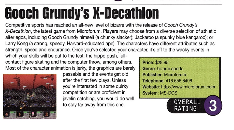 GameHistoryOrg's tweet photo. We pity the editors of Computer &amp; Net Player, Volume 4, Number 
5 back in 1997 - https://t.co/UBWr0MkQhk - for having to play through Gooch Grundy's X-Decathlon, one of the most bizarre MS-DOS games of all time... (That 3 is out of 10, btw!) https://t.co/ValJbf2xUC