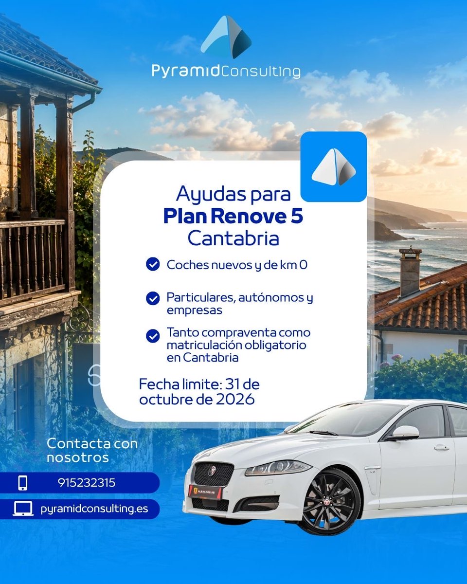 PyramidMultas's tweet photo. Plan RENOVE V de Cantabria, abierto hasta el 31/10/2026. Entre 1.300 y 4.000 € por comprar un vehículo nuevo o de km 0 y achatarrar uno antiguo. https://t.co/KK4NP7LvlR