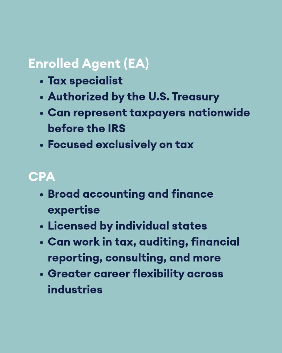 BeckerAcct's tweet photo. Not sure whether to pursue an EA or CPA designation?
Swipe for a quick look at the key differences and where each path can take you. π https://t.co/oq1U9RRBwz
#CPAExam #TaxProfessional #AccountingCareer https://t.co/n95AjzPqfV