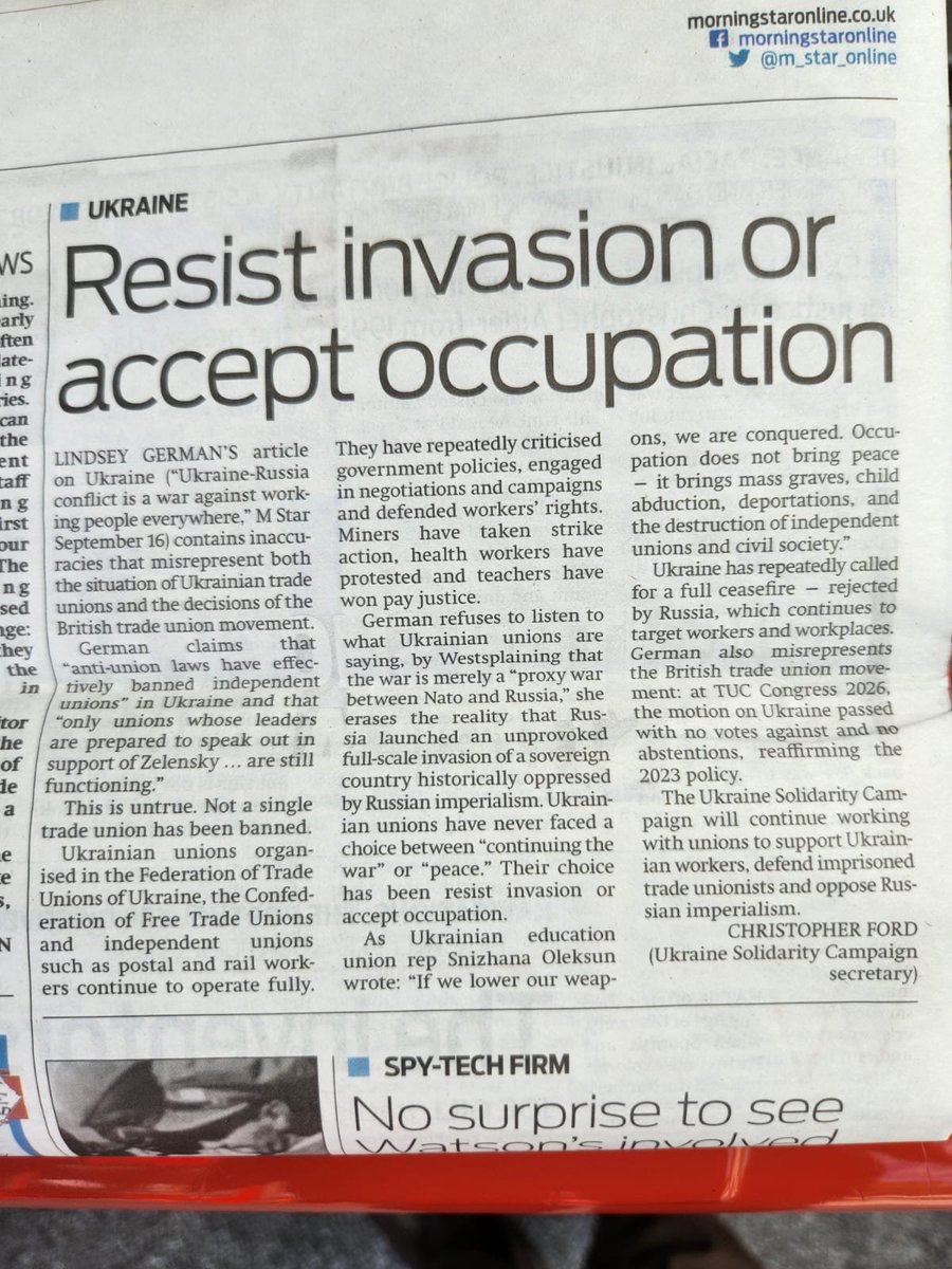 UkraineSol's tweet photo. Our Secretary Christopher Ford's response to Lindsey German's screed against support for Ukraine in the Morning Star. https://t.co/u4BpHFfonA