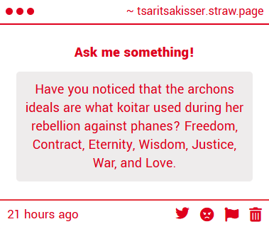 tsaritsakisser's tweet photo. Wait, your mind...
Freedom &amp; Eternity - the goal of achieving eternal freedom
Contracts - her and Anacharsis' marriage vows
Wisdom - her and Anacharsis giving knowledge to humans about forging weapons and creating lifeforms
Justice - breaking the shackles of the HP in Teyvat
War- https://t.co/megcE65vUN