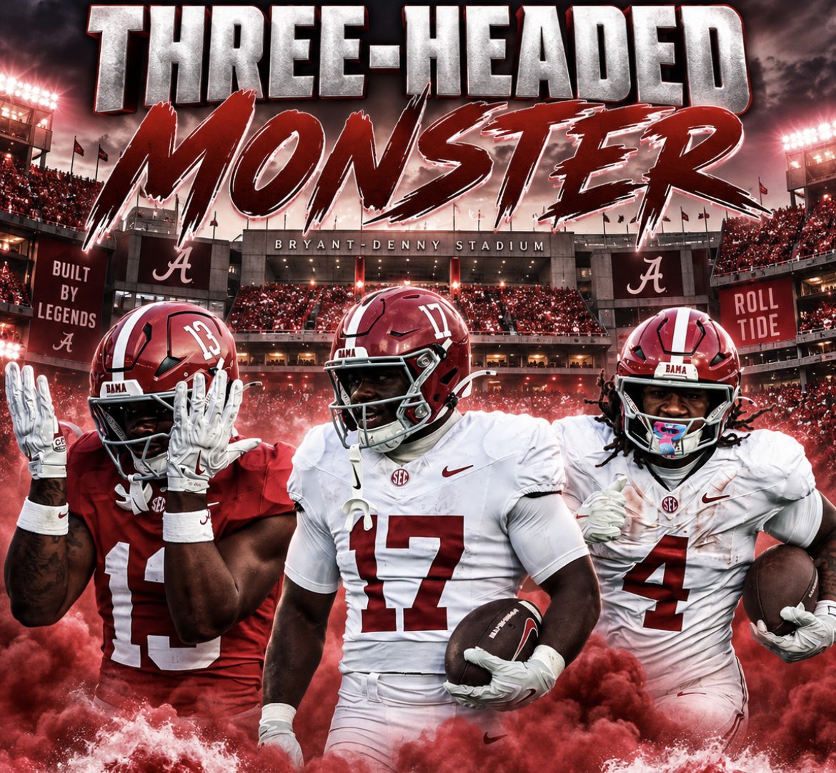 CrimsonCoverage's tweet photo. DOES ALABAMA HAVE A THREE-HEADED MONSTER AT RB? 👀 

Through three games, Alabama’s three lead backs have combined to rush for 438 yards and nine touchdowns on 79 carries. 

That trio consists of Daniel Hill (38/210/3), Trae’shawn Brown (24/123/3), and EJ Crowell (17/105/3). 

The success on the ground has also come without a vital piece of the RB room — AK Dear, who has missed the first three games due to injury. 

Soon, there could be a 4-headed monster in the backfield in Tuscaloosa…

What are your thoughts on the run game so far this season? 🤔