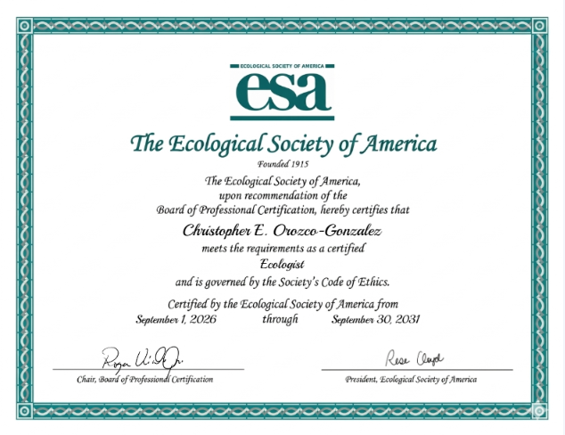 corozcopr's tweet photo. Me complace compartir que he obtenido la certificación de Certified Ecologist (CE) de la Ecological Society of America. Un reconocimiento que reafirma mi compromiso con la investigación, la educación y la conservación de nuestros ecosistemas. @ESA_org https://t.co/kuNPrxTTdE