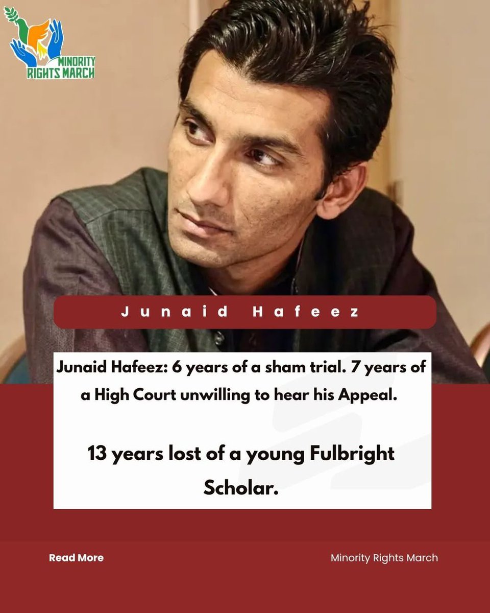aqliyatihuqooq's tweet photo. Junaid Hafeez is innocent!

Does anyone care?

The trial court which convicted Junaid under religious pressure after a prolonged trial spanning 6 years, didn't care. 

The Lahore High Court which has lingered Junaid's Appeal for 7 years doesn't seem to care. 

But we, the conscientious citizens do care! We implore the Lahore High Court to remember it's constitutional duty of ensuring "expeditious justice"  tomorrow on 22nd September 2026 when it hears Junaid's Appeal. 

We demand that the Appeal is heard and decided on merits without any further delays. We demand justice. We demand accountability for the 13 years lost of a young Fulbright Scholar under fabricated blasphemy charges. 

#JusticeForJunaidHafeez
#ReleaseJunaidHafeez