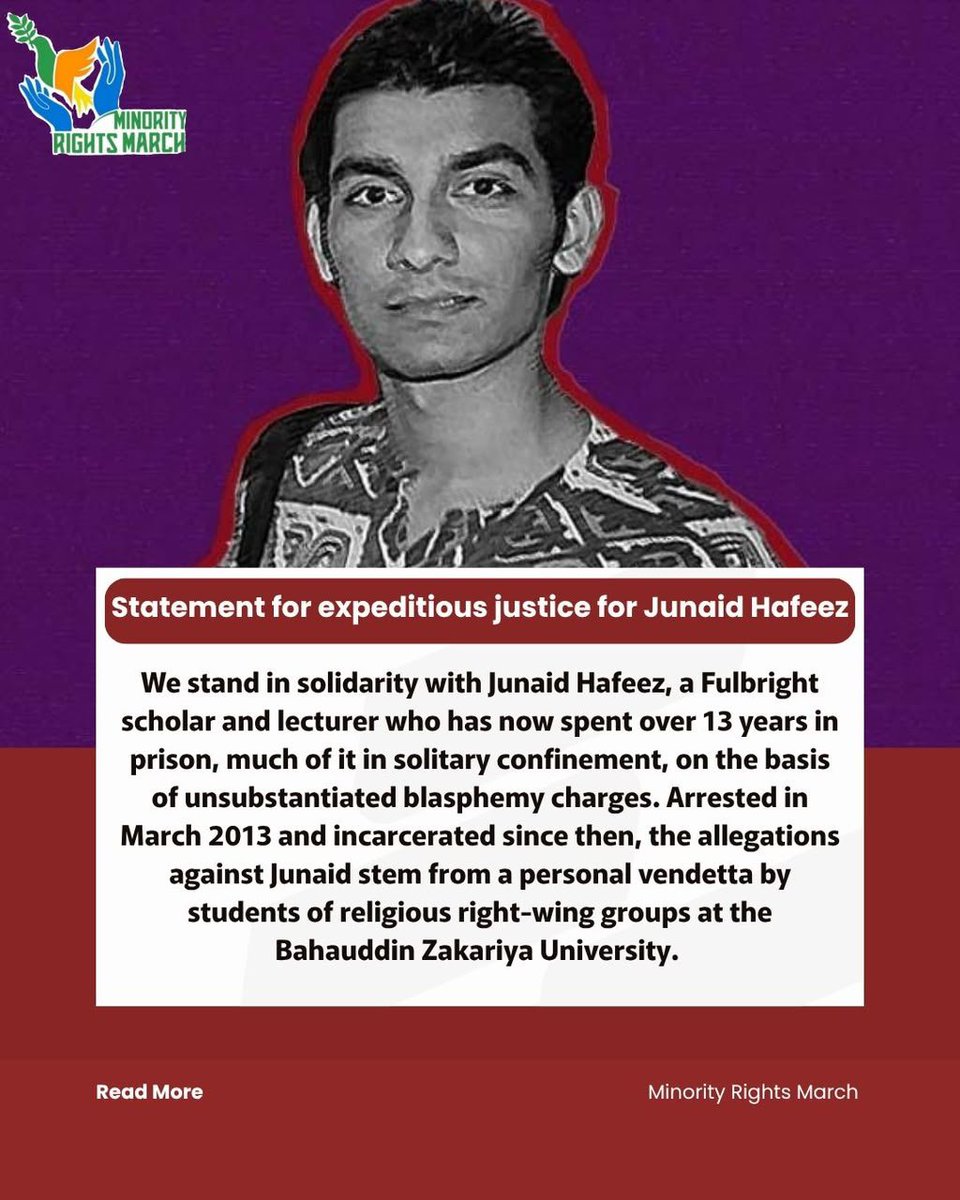 aqliyatihuqooq's tweet photo. Junaid Hafeez is innocent!

Does anyone care?

The trial court which convicted Junaid under religious pressure after a prolonged trial spanning 6 years, didn't care. 

The Lahore High Court which has lingered Junaid's Appeal for 7 years doesn't seem to care. 

But we, the conscientious citizens do care! We implore the Lahore High Court to remember it's constitutional duty of ensuring "expeditious justice"  tomorrow on 22nd September 2026 when it hears Junaid's Appeal. 

We demand that the Appeal is heard and decided on merits without any further delays. We demand justice. We demand accountability for the 13 years lost of a young Fulbright Scholar under fabricated blasphemy charges. 

#JusticeForJunaidHafeez
#ReleaseJunaidHafeez