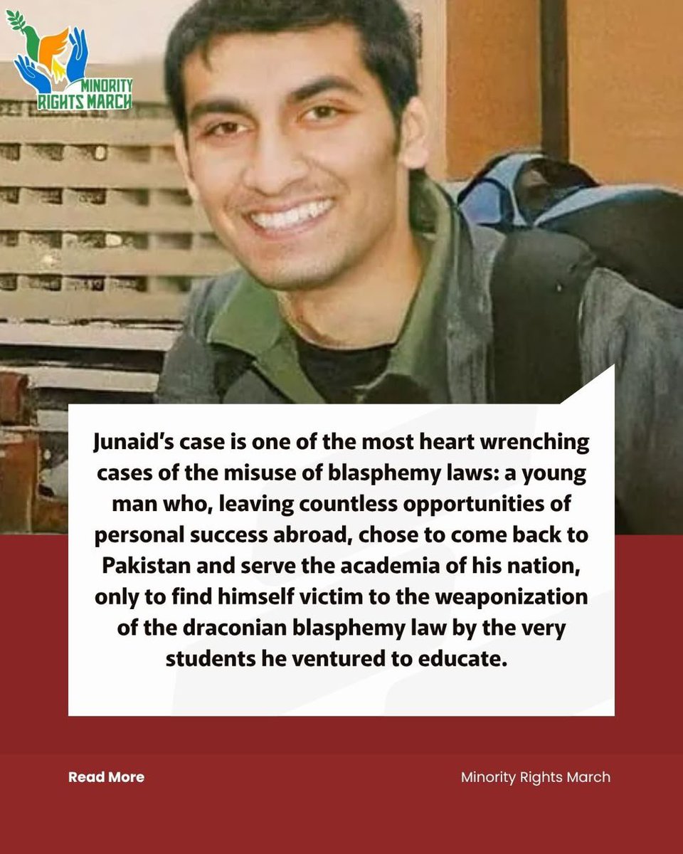 aqliyatihuqooq's tweet photo. Junaid Hafeez is innocent!

Does anyone care?

The trial court which convicted Junaid under religious pressure after a prolonged trial spanning 6 years, didn't care. 

The Lahore High Court which has lingered Junaid's Appeal for 7 years doesn't seem to care. 

But we, the conscientious citizens do care! We implore the Lahore High Court to remember it's constitutional duty of ensuring "expeditious justice"  tomorrow on 22nd September 2026 when it hears Junaid's Appeal. 

We demand that the Appeal is heard and decided on merits without any further delays. We demand justice. We demand accountability for the 13 years lost of a young Fulbright Scholar under fabricated blasphemy charges. 

#JusticeForJunaidHafeez
#ReleaseJunaidHafeez