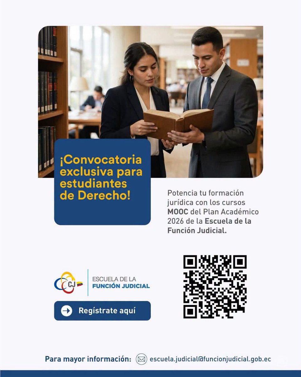 TungurahuaCJ's tweet photo. 📚 Si eres estudiante de Derecho, inscríbete en los cursos MOOC del Plan Académico 2026 de la @EscuelaCJec y accede a contenidos especializados que contribuirán a tu formación profesional.

💻 Modalidad virtual y de acceso gratuito.

📲 Inscripciones aquí: https://t.co/dGyjQpw10M https://t.co/GqyMieVSJt