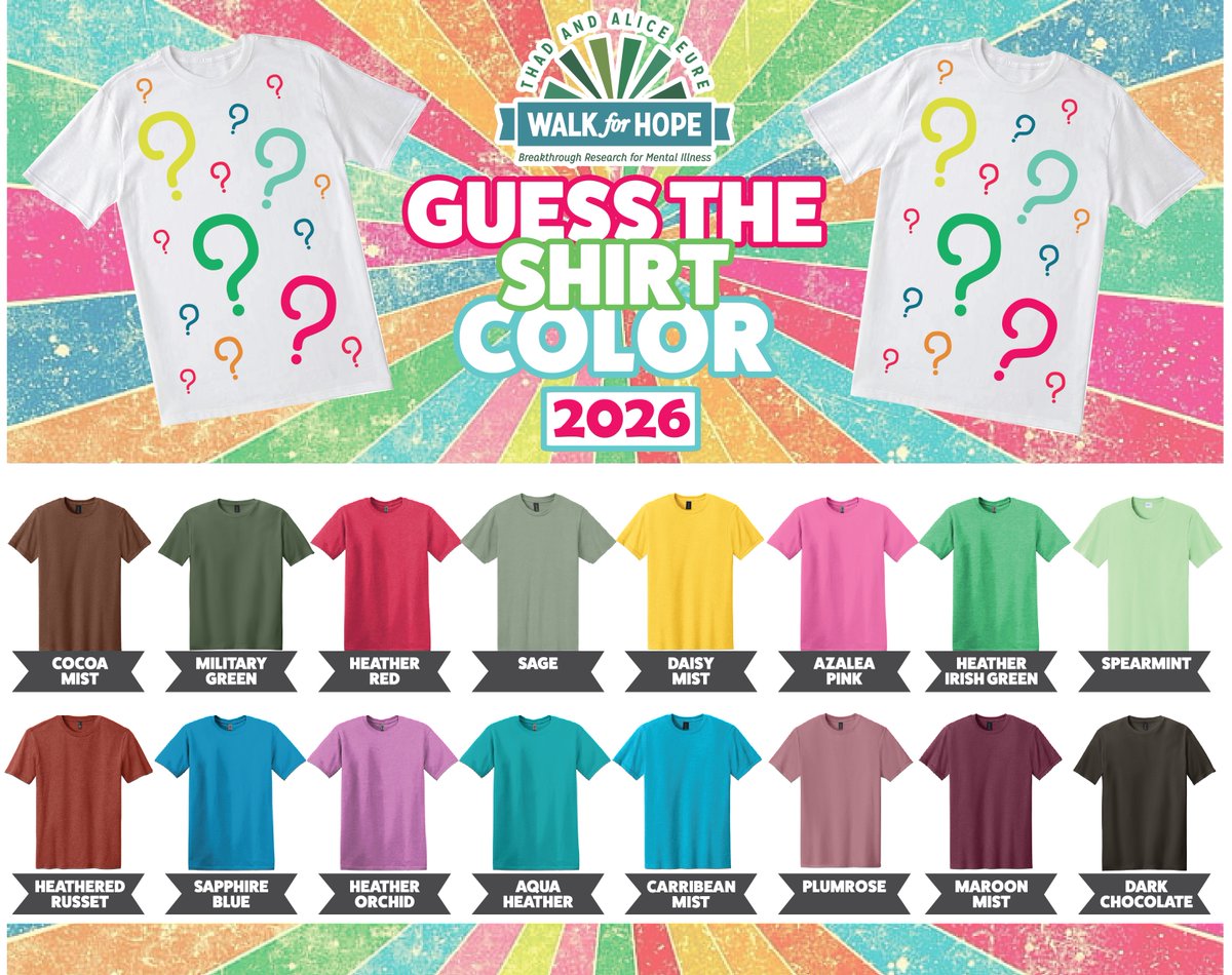 walkforhope's tweet photo. WE KNOW THE COLORS. YOU KNOW WHAT TO DO. 👀

Our annual Guess the T-Shirt Color Contest is back for the 38th Annual Walk for Hope & Festival!

What colors will our walkers and volunteers wear on Sunday, October 11? Make your picks for a chance to win an Angus Barn gift card!

HOW TO ENTER:
🎨 Check out the 16 color options in the graphic.
👕 Choose one color for WALKERS and one for VOLUNTEERS.
💬 Comment below with your two picks, labeled “Walkers” and “Volunteers.”

Enter on Facebook, Instagram, or X—one entry per person total, please!

WHAT YOU COULD WIN:
🥇 $100 Angus Barn gift card: Guess BOTH shirt colors correctly to qualify.
🥈 $50 Angus Barn gift card: Guess the WALKER shirt color correctly to qualify.

We’ll randomly select one winner for each prize from the qualifying entries.

⏰ Enter by Wednesday, October 7 at 11:59 p.m. ET. 

Winners will be announced after the Walk for Hope & Festival!

We’re keeping our lips sealed. Drop your guesses below! 🤐👇