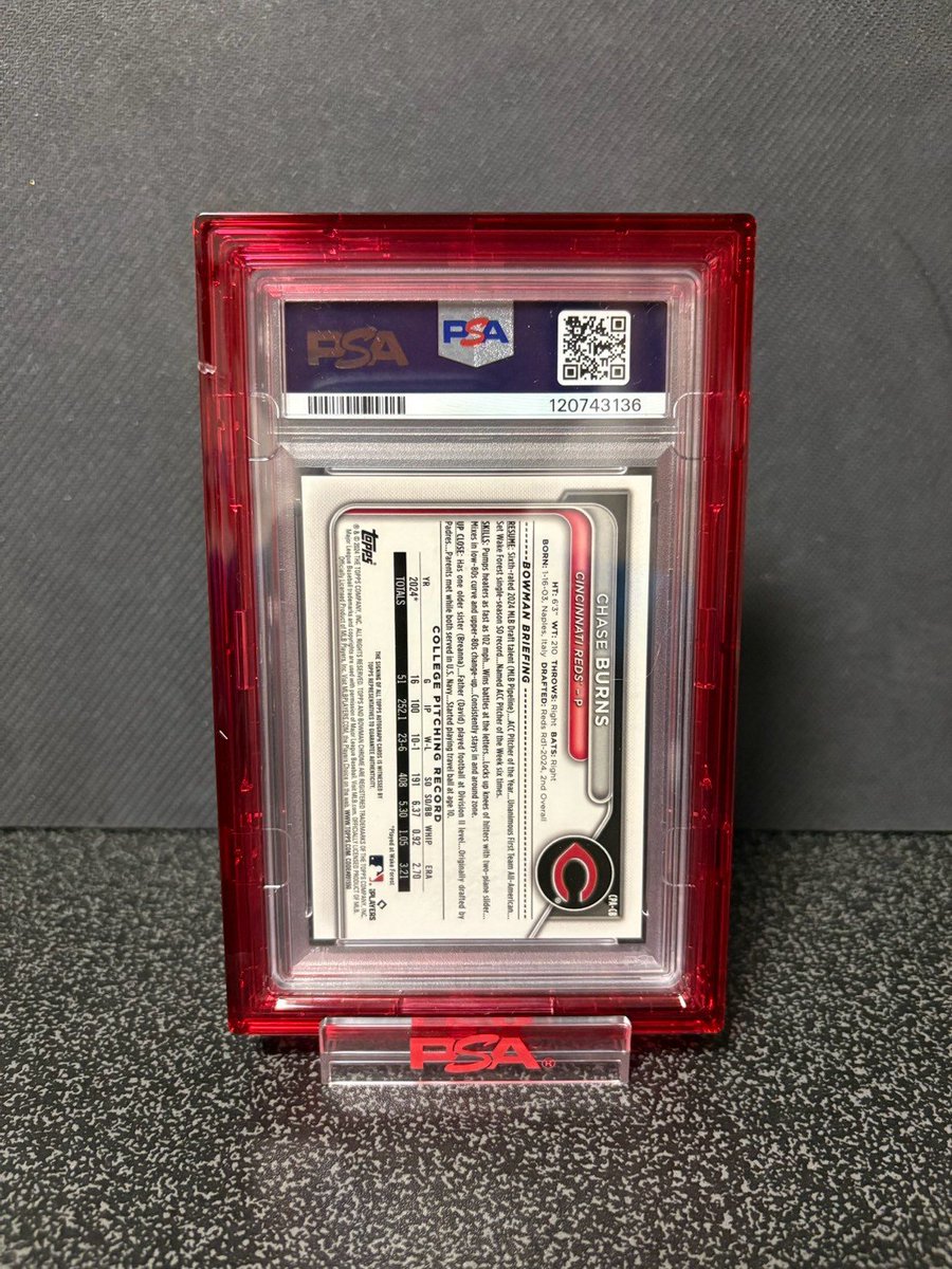 Memosn8g's tweet photo. Cincinnati Reds

Topps Bowman
CHASE BURNS 
1st bowman auto /150 PSA10

Topps Bowman
チェイス・バーンズ 
1st bowman 直筆サイン 
150枚限定 PSA10

@CardPurchaser https://t.co/QArl3kyKB0