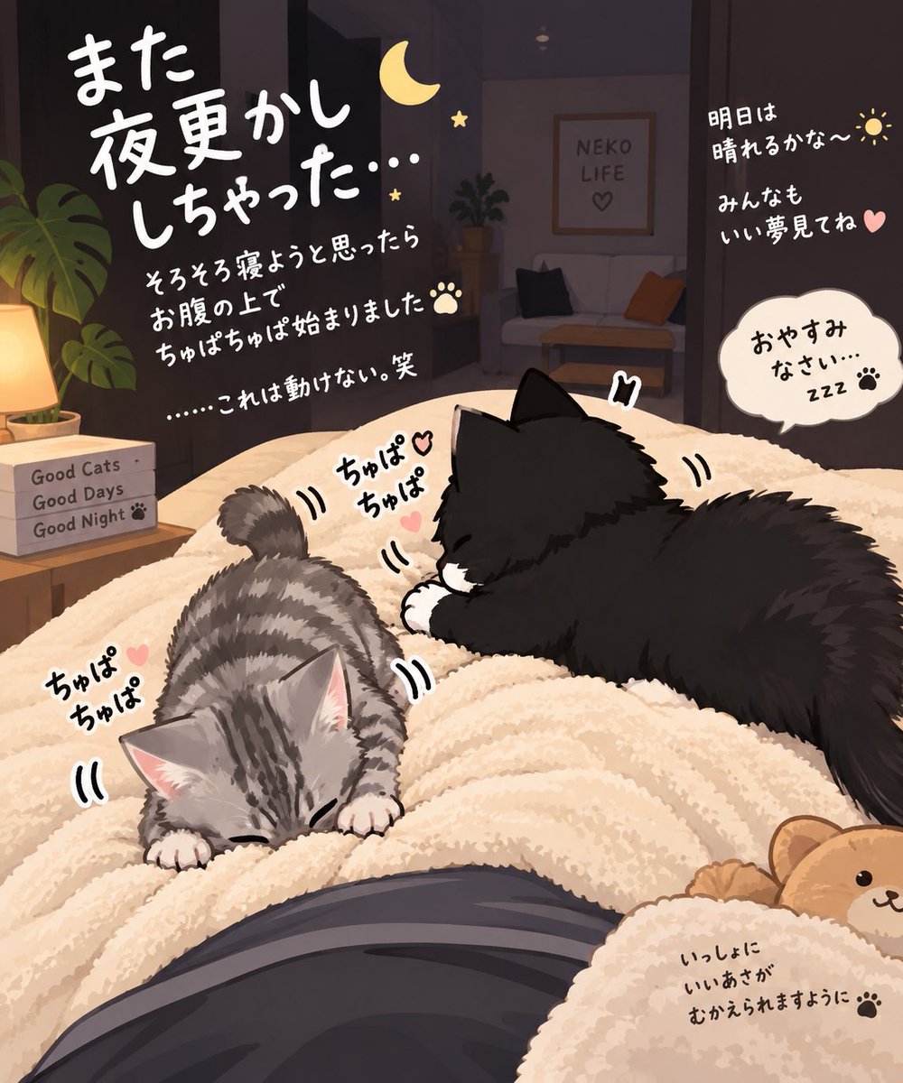 mpp324's tweet photo. また夜更かししちゃった🌙

そろそろ寝ようと思ったら
お腹の上でちゅぱちゅぱ始まりました🐱🐱
からのにゃんプロ😂

……これは動けない。笑

明日は晴れるかな〜☀️
みんなもいい夢見てね☺️

おやすみなさい🌙💤 https://t.co/gGnICXYOZp