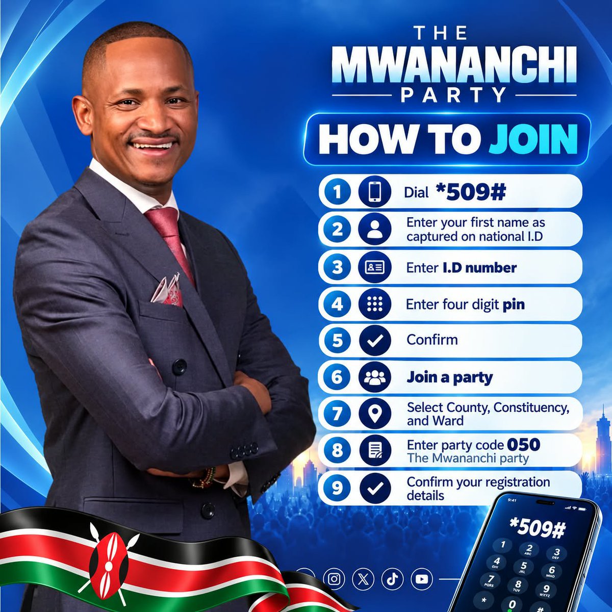 HABILOGAJA1's tweet photo. JOIN THE TEAM
Dial *509# to become a member of THE MWANANCHI PARTY.

Here are the simple steps to follow.👇🏾👇🏾

G-to-G Slums To Cities #JeeVanJeeBeautification #TheChurchAtTheDoor #Babukwasababu #BabuOwino #BilaBabunitaabu #BabuOwinoCommander https://t.co/DklUHJKzJJ