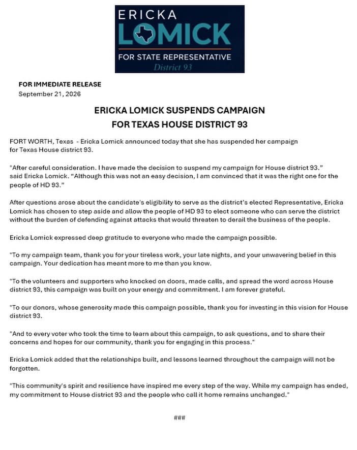 SarahisCensored's tweet photo. BREAKING UPDATE 🚨 - ERICKA LOMICK SUSPENDS CAMPAIGN FOR TEXAS HOUSE DISTRICT 93

After my article was released regarding Ericka Lomick, the Democratic nominee for Texas House District 93 in Tarrant County, she has now announced that she is suspending her campaign.

Her announcement states:

“After careful consideration, I have made the decision to suspend my campaign for House District 93,” Lomick said. “Although this was not an easy decision, I am convinced that it was the right one for the people of HD 93.”

This comes immediately following my reporting regarding Lomick’s candidacy and her documented federal criminal history.
