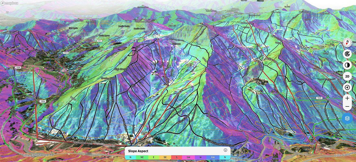 WasatchSnow's tweet photo. We added slope aspect and angle map overlays on OpenSnow. Raise your hand if you're nerdy enough to use this! ✋ https://t.co/u1a720vjWa