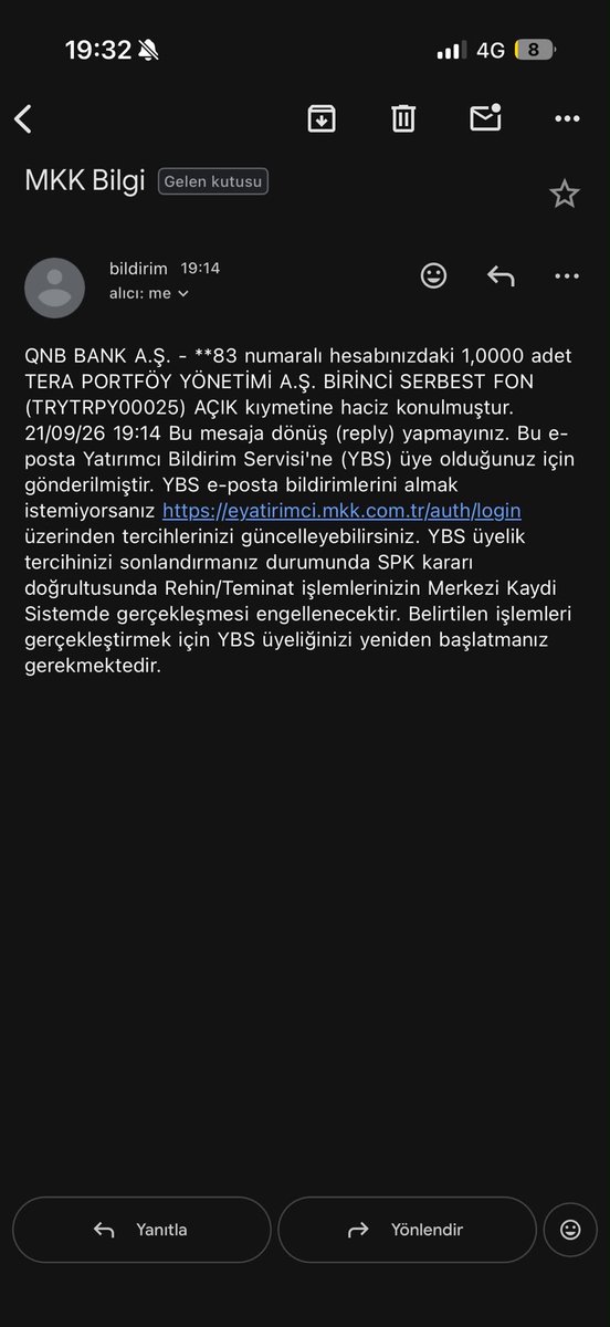 eray1940's tweet photo. MKK dan bu şekilde bir mail geldi bilen varmı BU NEDİR ? Bu şekilde mail gelen var mı. Satış emri vermiştim fonlara emirler de gerçekleşmedi takasbank’ta pblk görünüyordu. 

#tp2  #tly #thf #tera #doh https://t.co/kB2SkY69CG
