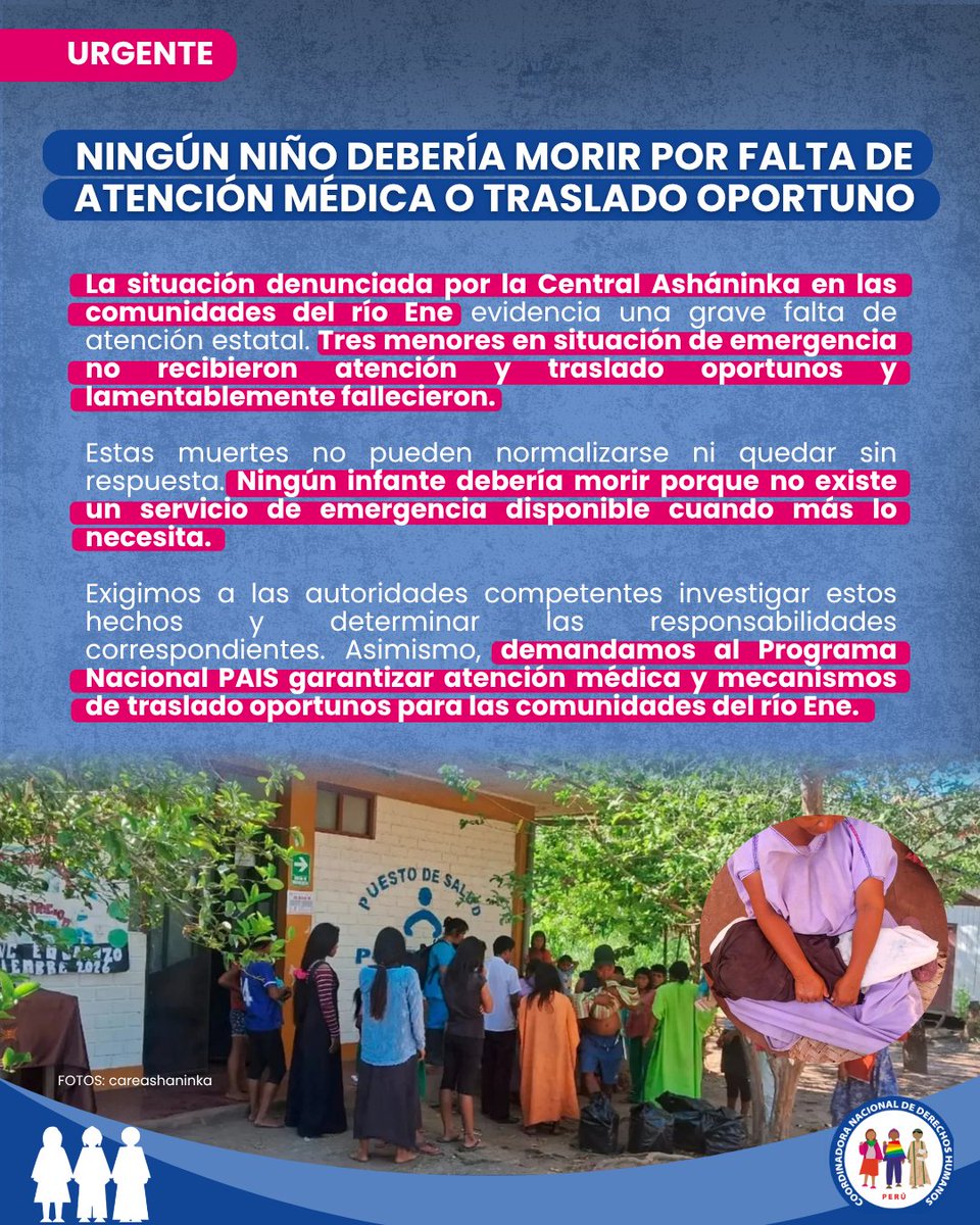 cnddhh's tweet photo. 🚨 #URGENTE | ¡El abandono estatal cobra vidas en el río Ene!

🛑 Tres menores fallecieron por falta de atención y transporte de emergencia. La embarcación del Tambo no estuvo disponible y el @MidisPAIS no actuó a tiempo.

📢 ¡𝗡𝗼 𝗽𝗼𝗱𝗲𝗺𝗼𝘀 𝗽𝗲𝗿𝗺𝗶𝘁𝗶𝗿 𝗾𝘂𝗲 𝘂𝗻𝗮 𝗲𝗺𝗲𝗿𝗴𝗲𝗻𝗰𝗶𝗮 𝘁𝗲𝗿𝗺𝗶𝗻𝗲 𝗲𝗻 𝘂𝗻𝗮 𝘁𝗿𝗮𝗴𝗲𝗱𝗶𝗮 𝗽𝗼𝗿 𝗳𝗮𝗹𝘁𝗮 𝗱𝗲 𝗮𝘁𝗲𝗻𝗰𝗶𝗼́𝗻 𝘆 𝘁𝗿𝗮𝘀𝗹𝗮𝗱𝗼 𝗼𝗽𝗼𝗿𝘁𝘂𝗻𝗼!

#RíoEne #CARE
