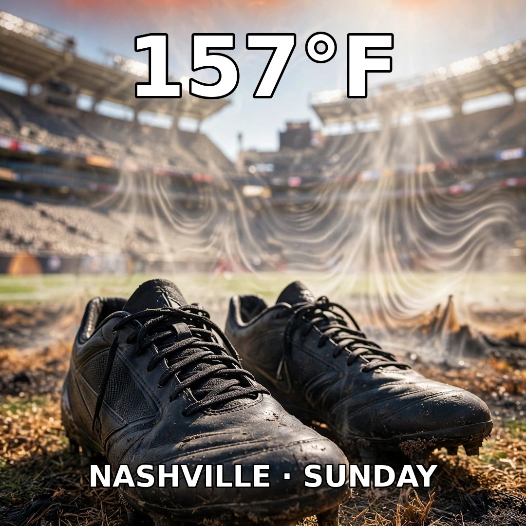 Seat_Sun's tweet photo. 157°F on the turf in Nashville yesterday.

Cleats melted mid-game. Sirianni needed an IV. Mailata called it "dangerous" and wants every field grass.

Turf runs 30–60° hotter than the air. Know before you go. #NFL #SeatSun https://t.co/miJJWPfgPe
