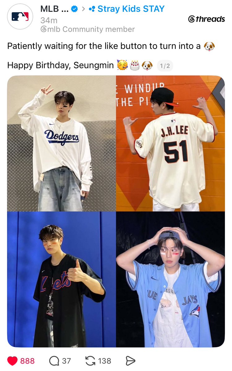 KSMCentral_'s tweet photo. 🐶x⚾️ | [260922] @MLB on Threads 

The official account of MLB wishes Seungmin an happy birthday!

"Patiently waiting for the like button to turn into a 🐶 

Happy Birthday, Seungmin 🥳🎂🐶"

If you like their post, the like turns into a 🐶 

🔗: https://t.co/DyCyyqs1zK

SEUNGMIN HEALING VOICE
#널_감싼_우주가_될게_승민아
#DivineVocalSeungmin
#HappySeungminDay