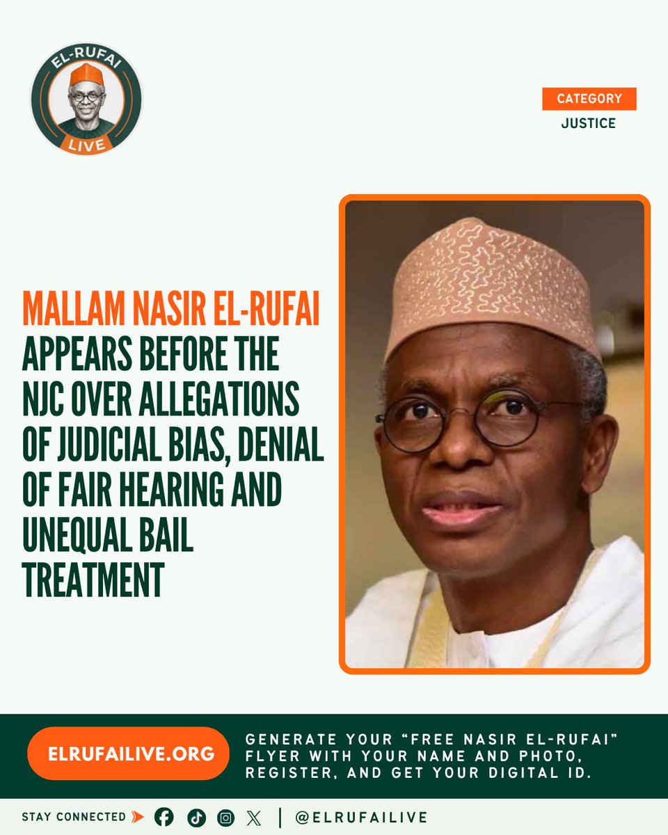 ElRufai_Live's tweet photo. MALLAM NASIR EL-RUFAI APPEARS BEFORE THE NJC OVER ALLEGATIONS OF JUDICIAL BIAS, DENIAL OF FAIR HEARING AND UNEQUAL BAIL TREATMENT

Mallam Nasir El-Rufai has appeared before the National Judicial Council (NJC) over his petition concerning the conduct of some judges handling cases involving him.

The petition raises allegations of judicial bias, denial of fair hearing and concerns over how proceedings and bail applications have been handled. The NJC has established procedures for complaints of judicial misconduct, making it the appropriate institution to examine such concerns. 

The background is significant: a Federal High Court granted Mallam ₦200 million bail with stringent conditions, while the Kaduna State High Court subsequently refused bail in the separate ICPC matter. The Kaduna court also dismissed his third bail application in June. 

These different rulings raise legitimate questions about the application of bail, fair hearing and judicial discretion that should be answered through the courts and the appropriate institutions, not through social media.

A petition to the NJC is not a verdict against any judge. It is a request for the body responsible for judicial discipline to examine the allegations and determine whether they have merit.

El-Rufai Live will not try the judges on this platform. We will follow the proceedings, report the facts and allow the NJC and the courts to address the issues raised.

Today, @elrufai has taken his grievance to the institution empowered to examine judicial conduct. The questions are now before the appropriate authority.

Fair hearing is not optional.

#ElRufaiLive #FreeMallam #RuleOfLaw