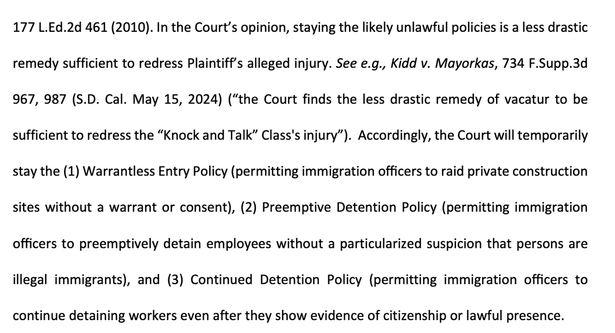 David_J_Bier's tweet photo. The District Court stays 3 illegal and unconstitutional DHS policies targeting Hispanic Americans: 1) warrantless entry to private construction sites without warrants, 2) preemptive detention of employees without suspicion, and 3) guilty-until-proven innocent detention https://t.co/nq9Qbtbvcw