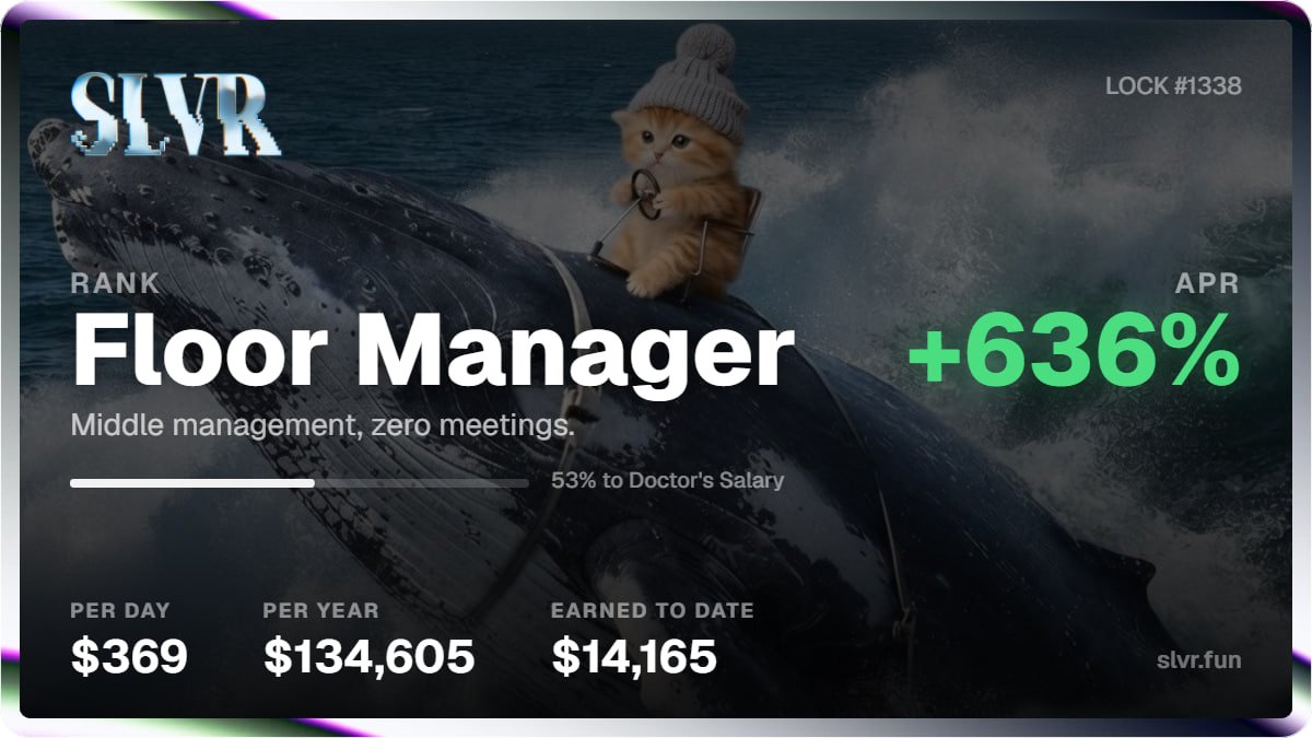 thewormerine's tweet photo. SLVR (@S_L_V_R_FUN) continues to hold top 3 on @RobinhoodCrypto for Holder Revenue and Top 15 across ALL chains at $2M MC.

It's the first and only successful mining protocol on Revenue for a reason. Staking rewards paid in cold hard ETH.

Major update to include RWA integration this week with SLVR Vaults starting with $NVDA 

Join us at https://t.co/OW22nZX6f6 or on TG: https://t.co/mXRnpz6qAf

https://t.co/BzRd7TdcFH
