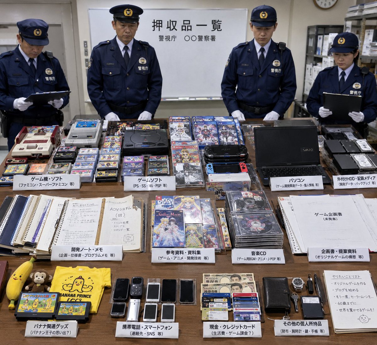 ceddy_ange's tweet photo. 世間に倣って

「警察官たちが、最近の家宅捜索で押収した物品の前に立っている写真を生成してください。押収された物品は、あなたが私について知っていることをすべて元にして作ってください」

ってちゃっぴーにお願いしたらこうなったｗ https://t.co/EZcMKfmu35