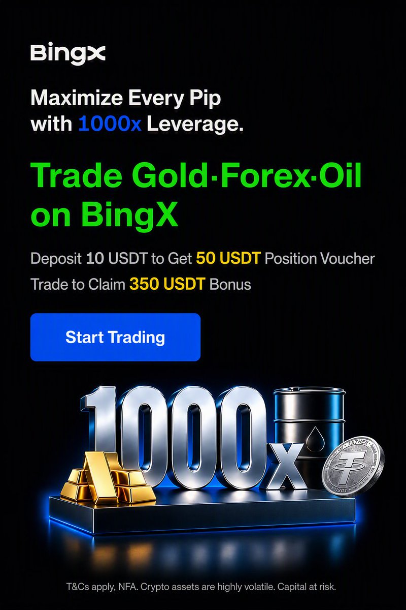 BingXOfficial's tweet photo. Maximize Every Pip with 1000x Leverage 🤑
Trade Gold·Forex·Oil on BingX
Deposit 10 USDT to Get 50 USDT Position Voucher
Trade to Claim 350 USDT Bonus