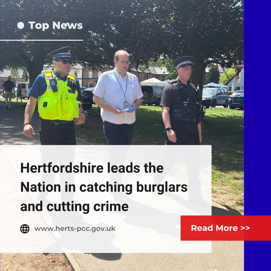 HertsPCC's tweet photo. More burglars caught. More offenders brought to justice. Real results for Hertfordshire.

New data shows Hertfordshire led the country for solving residential burglaries in the first quarter of this financial year, with the number of burglaries solved tripling compared to the same period last year.

At the same time, burglary reports fell across the county, showing that proactive policing and targeted enforcement are delivering results.

Tackling burglary remains one of my top priorities as Police and Crime Commissioner because everyone deserves to feel safe in their own home.

Read the full story on my website 👇

https://t.co/1ycjBixnQ3

#Hertfordshire #SaferHerts #TacklingCrime #KeepingHertsSafe