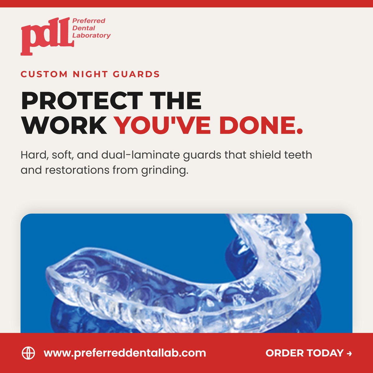 PreferredLab's tweet photo. Our custom-fit night guards are fabricated in hard, soft, and dual-laminate materials to absorb clenching forces, protect natural teeth and restorations, and ease jaw strain. 

https://t.co/FgcHjorFwz

#NightGuard #Bruxism #OcclusalGuard #TeethGrinding #SmileProtection #DentalLab https://t.co/tGJgAayj61