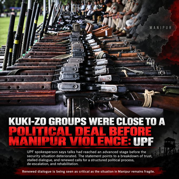 Vaiphei202606's tweet photo. Kuki-Zo groups were reportedly close to a political settlement before the outbreak of violence in Manipur, according to a UPF spokesperson. The statement highlights that talks had reached an advanced stage before trust broke down and #security conditions deteriorated.  #Manipur https://t.co/UqMSExUNyG