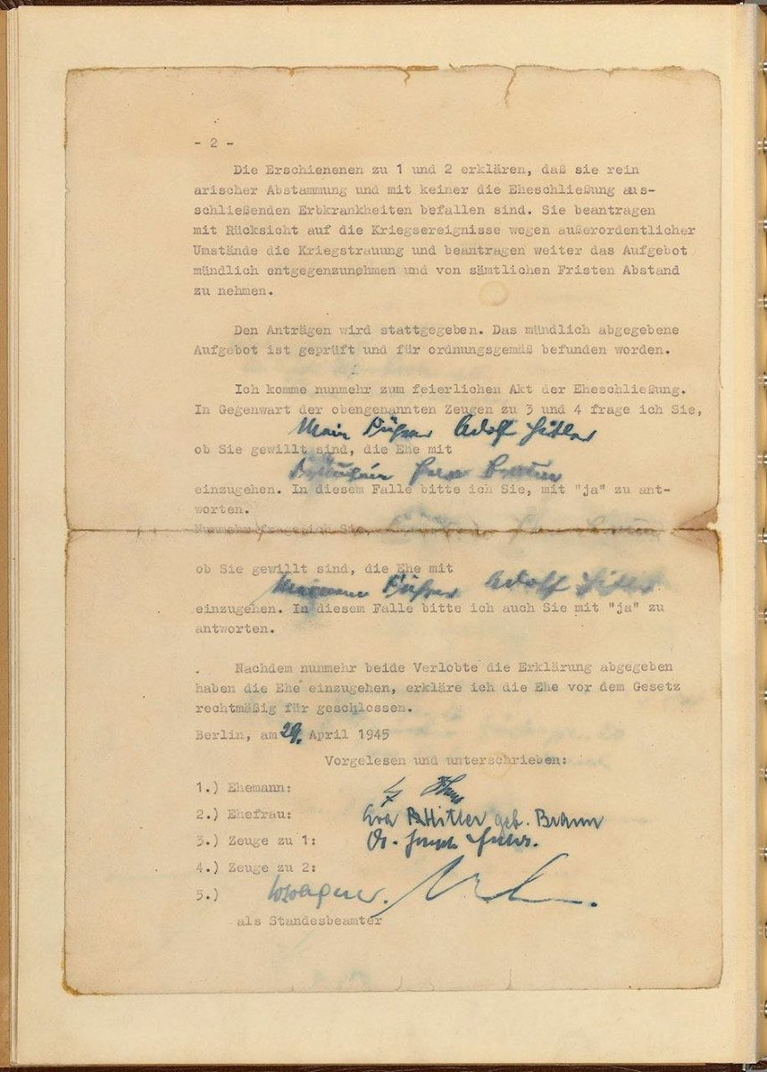 Clear14___88's tweet photo. The marriage certificate of Mr and Mrs Adolf Hitler 

The persons listed under 1 and 2 declare that they are of pure Aryan descent and are not affected by any hereditary diseases. They request, with regard to the war-related circumstances due to extraordinary conditions of the wartime, the issuance of a marriage license and further request that all required periods of notice be waived.

The requests are granted. The marriage license issued today has been found to be in order and legally valid. In the meantime, however, due to the current situation, I ask the persons listed under 1 and 2 to clarify whether they are willing to proceed with the marriage.

The ceremony was witnessed by Joseph Goebbels, the propaganda minister, and Martin Bormann, Hitler's private secretary.