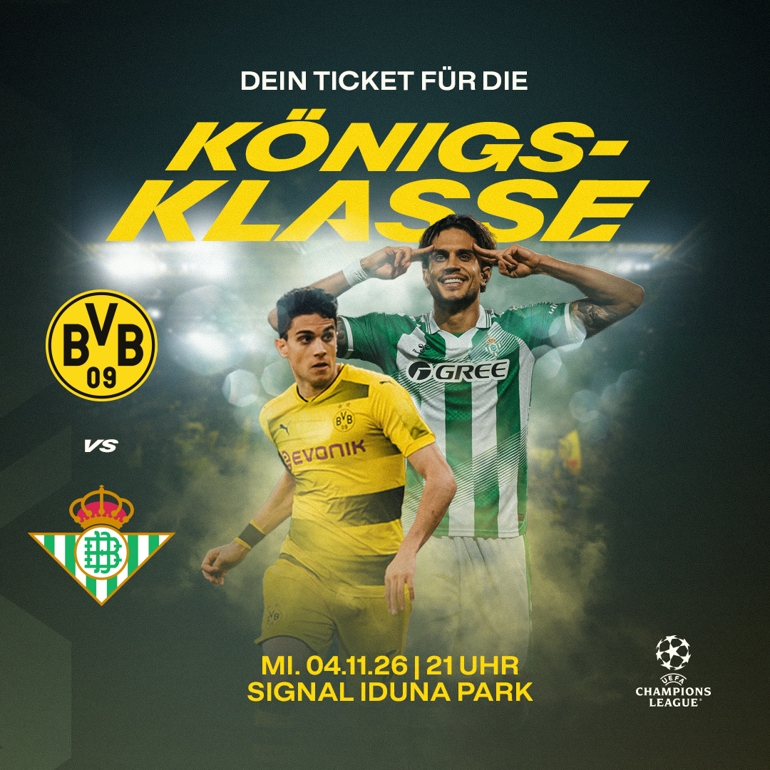 BVB's tweet photo. Unser nächstes Heimspiel in der @ChampionsLeague: Borussia empfängt Real Betis mit @MarcBartra! 👋

Noch könnt Ihr dabei sein, Tickets für das Duell in der Königsklasse gibt's ab jetzt im freien Verkauf! 

🎫 Zum Ticketshop: https://t.co/XcskOljtEt https://t.co/vrgwEwM4Dn