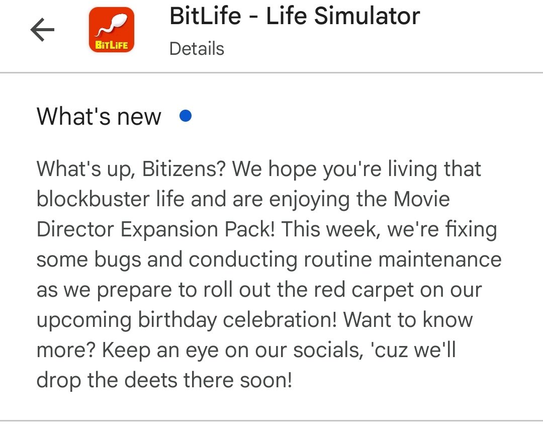 JeffSparkes's tweet photo. @BitLifeApp I saw there was an update and thought "finally got the Movie director pack"....in the end it was just maintenance... https://t.co/BkAY77H6dU