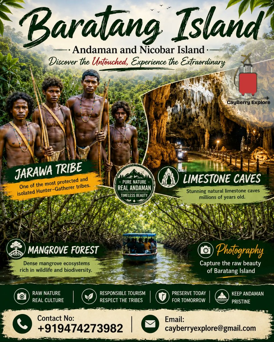 elliethompsongv's tweet photo. Baratang Island, 100 km north of Port Blair, is famous for its emerald waterways, mangrove speed-boat rides, limestone caves, Parrot Island, mud volcanoes, and the Andaman Trunk Road. Book today: +91 9474273982. https://t.co/h3UzX7BuoM