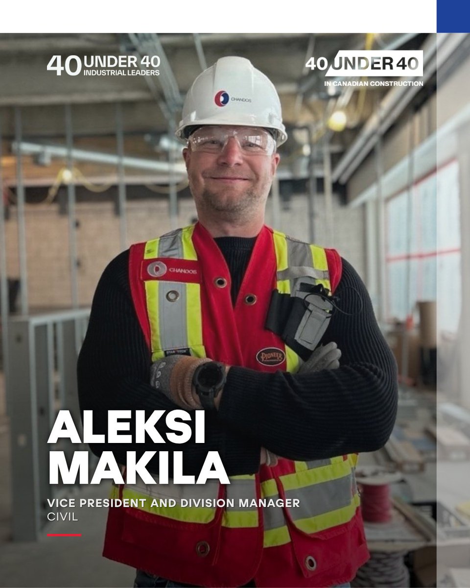 ChandosLTD's tweet photo. We're thrilled to celebrate Aleksi Makila, Vice President and Division Manager, Civil, on being named to On-Site Magazine's 40 Under 40 list. Also recognized by SiteNews' Industrial Leaders program, Aleksi continues to make an impact across the industry. #OnSite40Under40 https://t.co/Gq33D18pA7