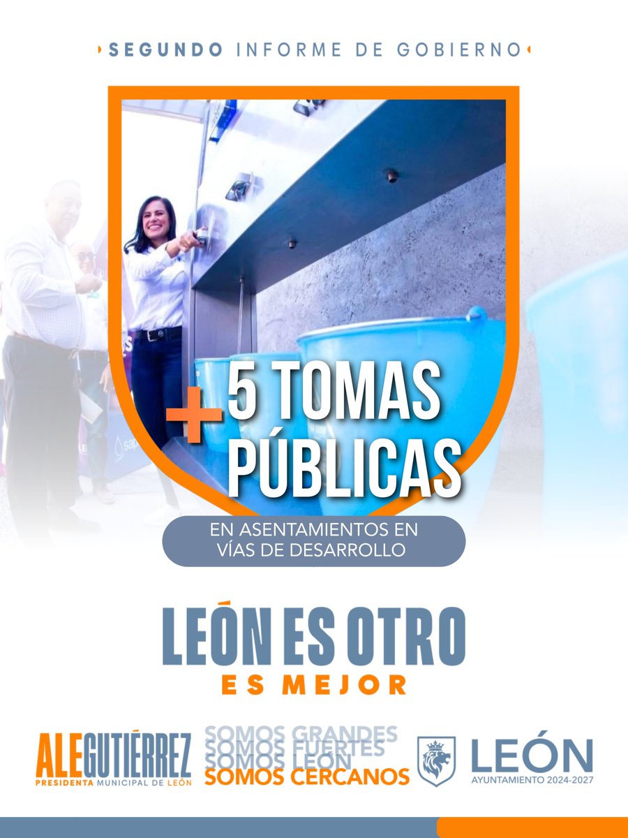 Sapalleon's tweet photo. León es mejor porque instalamos 6 tomas públicas en asentamientos en vías de desarrollo para acercar agua potable de manera gratuita a las familias de la periferia. Protegiendo el derecho humano al agua, construimos un León más equitativo. 👨👩👧👦💧
#SomosCercanos
#2InformeAle https://t.co/jojgzQPnT3