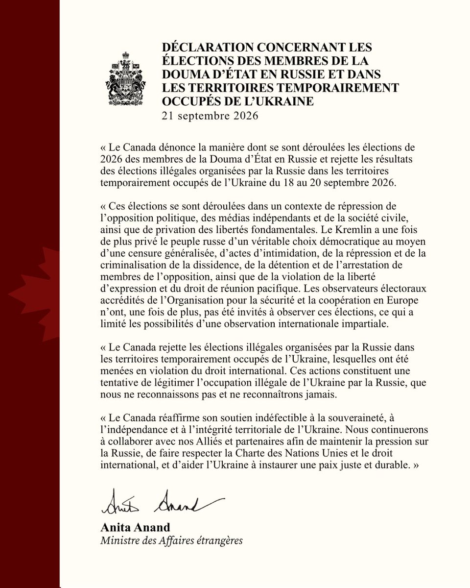 AnitaAnandMP's tweet photo. La Russie ne peut pas utiliser la répression pour fabriquer une légitimité démocratique, ni des élections illégales pour légitimer son occupation du territoire ukrainien.

Le Canada rejette les résultats de ces élections dans les territoires temporairement occupés de l’Ukraine, y compris en Crimée. C’est pourquoi, cette semaine, je participerai à la Plateforme de Crimée aux Nations Unies, aux côtés de nos partenaires, afin de défendre l’intégrité territoriale de l’Ukraine et de faire respecter le droit international.

https://t.co/ul5g3hUNHx