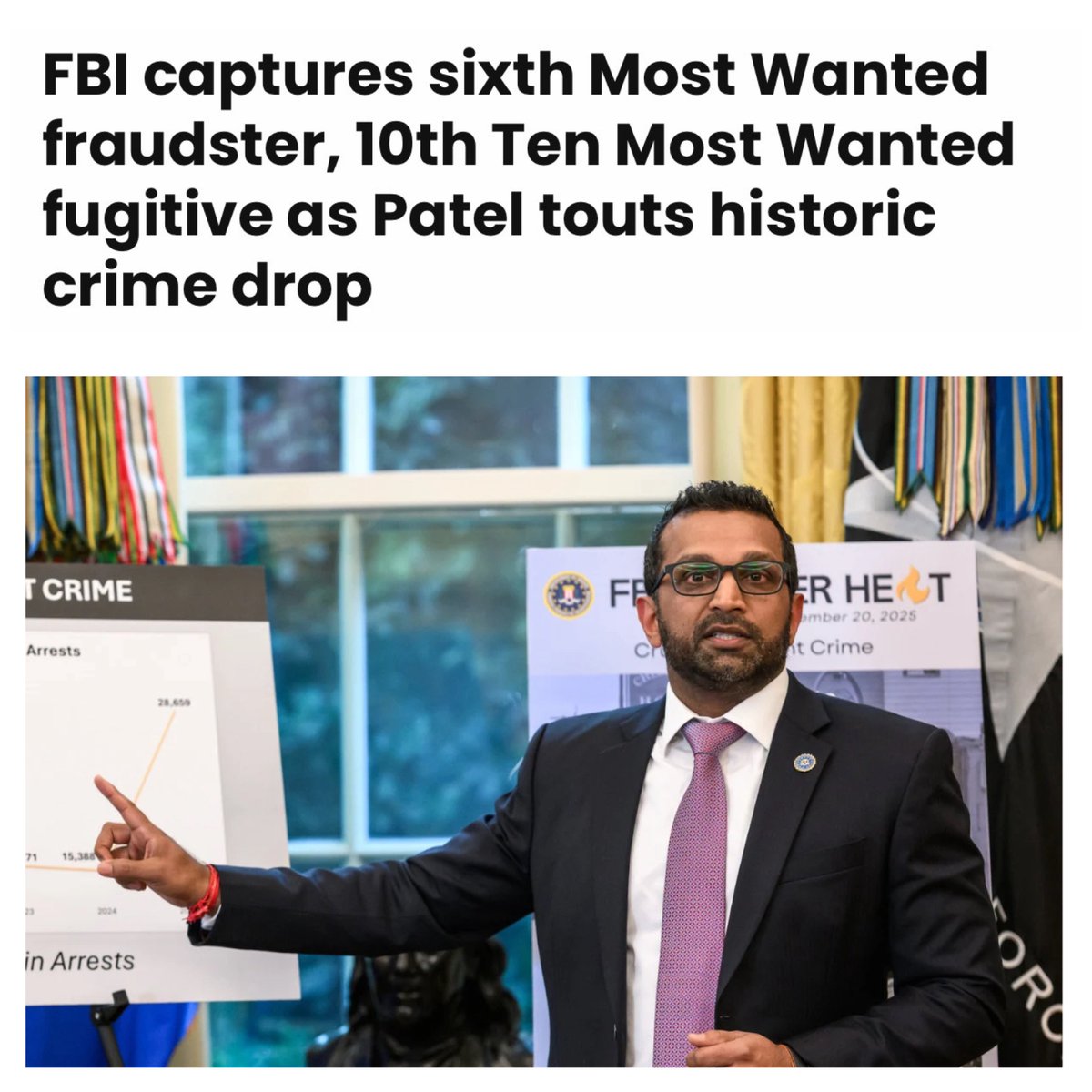 FBIDirectorKash's tweet photo. FBI Weekly Watch:

10 Ten Most Wanted fugitives captured.

6 Most Wanted Fraudsters captured in just three months — representing nearly $2 BILLION in alleged fraud.

The latest: another international manhunt ending with a fugitive in custody.

We will go anywhere in the world, work with our partners, and bring these high-value targets back to face justice.

-DKP 🇺🇸