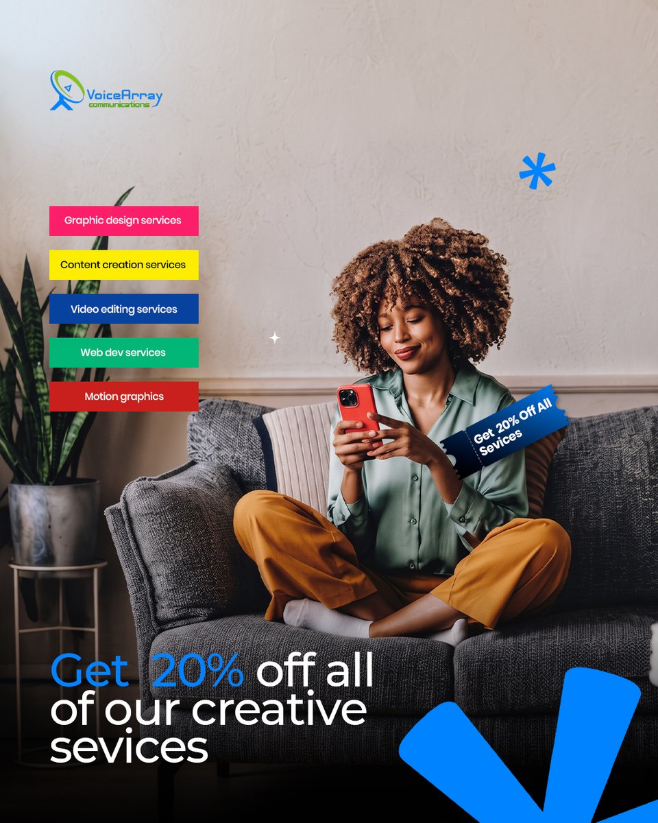 voicearrayllc's tweet photo. Ready to elevate your brand? 

Get 20% OFF all creative services—graphic design, content creation, video editing, web development &amp; motion graphics.

📞 Call Us: (+1 703-775-9033)
 
🌐 https://t.co/Recazb0yqf

#CreativeServices #SmallBusiness #DigitalMarketing #GraphicDesign https://t.co/asrSJ7Yuib