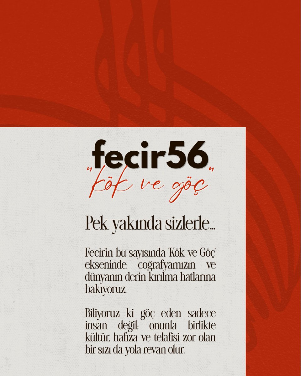 fecirdergi's tweet photo. Fecir 56 sayı pek yakında sizlerle..
Fecir’in bu sayısında ‘Kök ve Göç’ ekseninde, coğrafyamızın ve dünyanın derin kırılma hatlarına bakıyoruz.
Biliyoruz ki göç eden sadece insan değil; onunla birlikte kültür, hafıza ve telafisi zor olan bir sızı da yola revan olur.
#fecir https://t.co/TVtSSsne6H