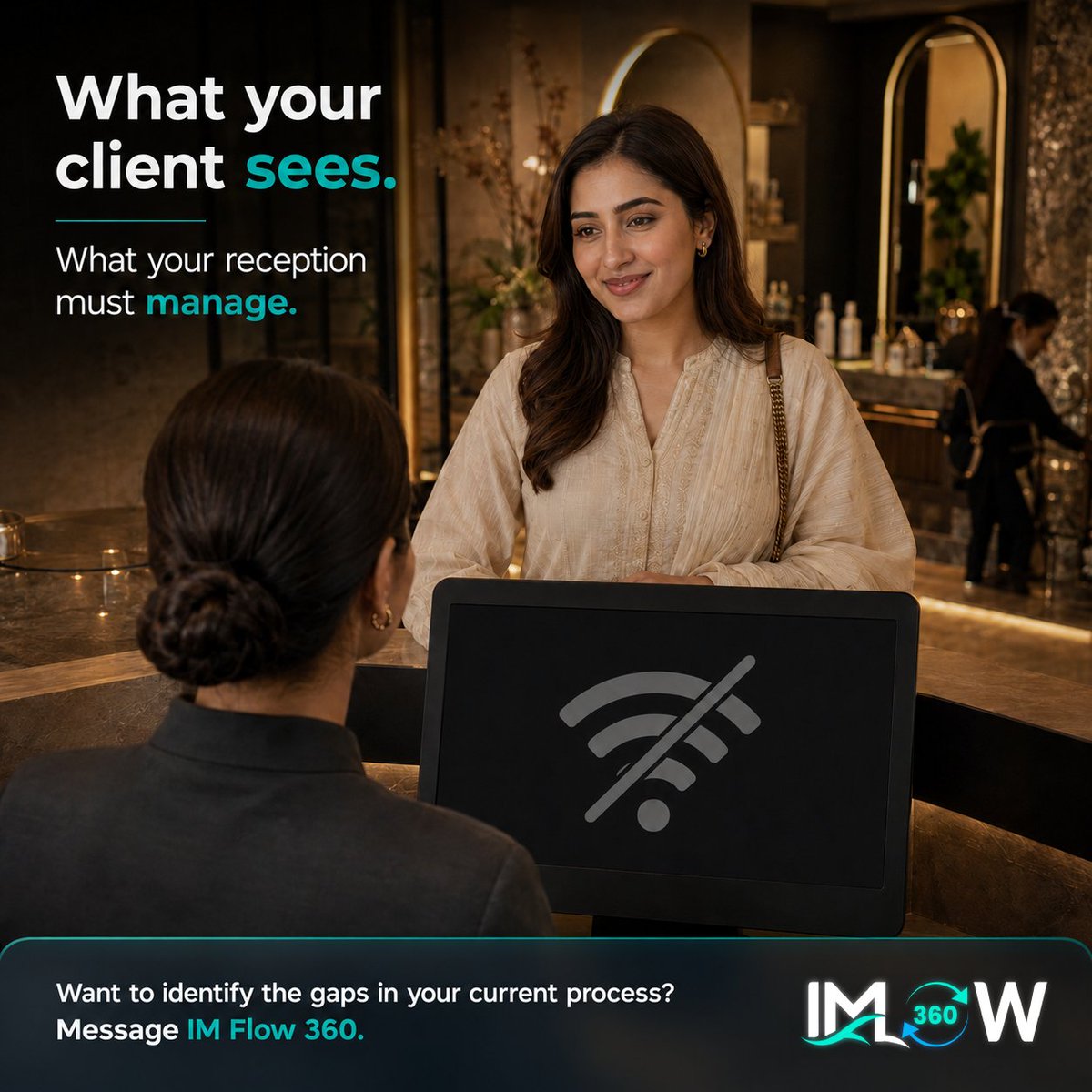 imflow360's tweet photo. Your client sees smooth service.
Your reception manages everything behind it.
Appointments, payments, staff—and unexpected disruptions.

IMFlow360 helps keep salon operations connected and under control.

Discover the gaps in your process: https://t.co/KZQuB3Hytk

#Salon #Pak https://t.co/mjd0YK19OW