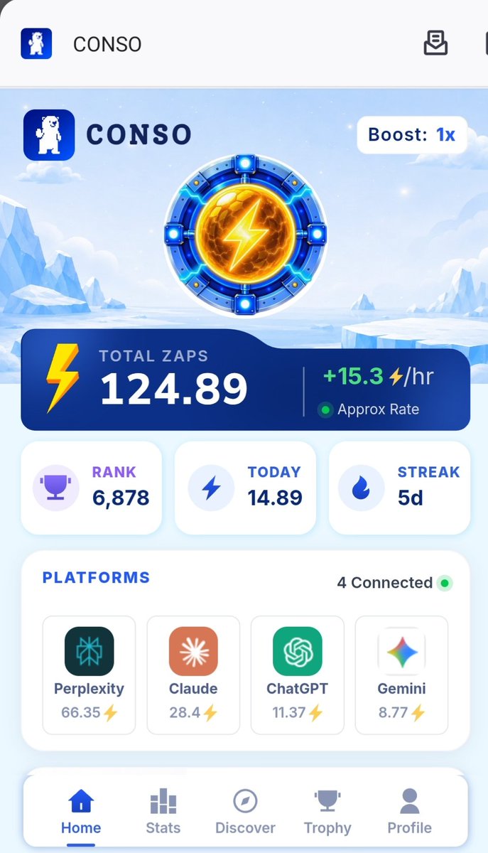 rontukundu21's tweet photo. Star Journey with @conso_xyz  Day 5
Exploring, learning, and staying consistent. The streak is ongoing, and I’m ready to keep building, stay active, and earn more ZAPs
Day 5 Let’s go
Chrome Extension is now open. 
https://t.co/KbC1KAAjbI
★ Install the extension 
★ Sign in with your email 
★ Enter code: CONSO-G5N5G
★ Connect your X account
★Complete the daily tasks
★ Open your Profile
★ Connect your AI
★ Start earning ZAPs from your activity