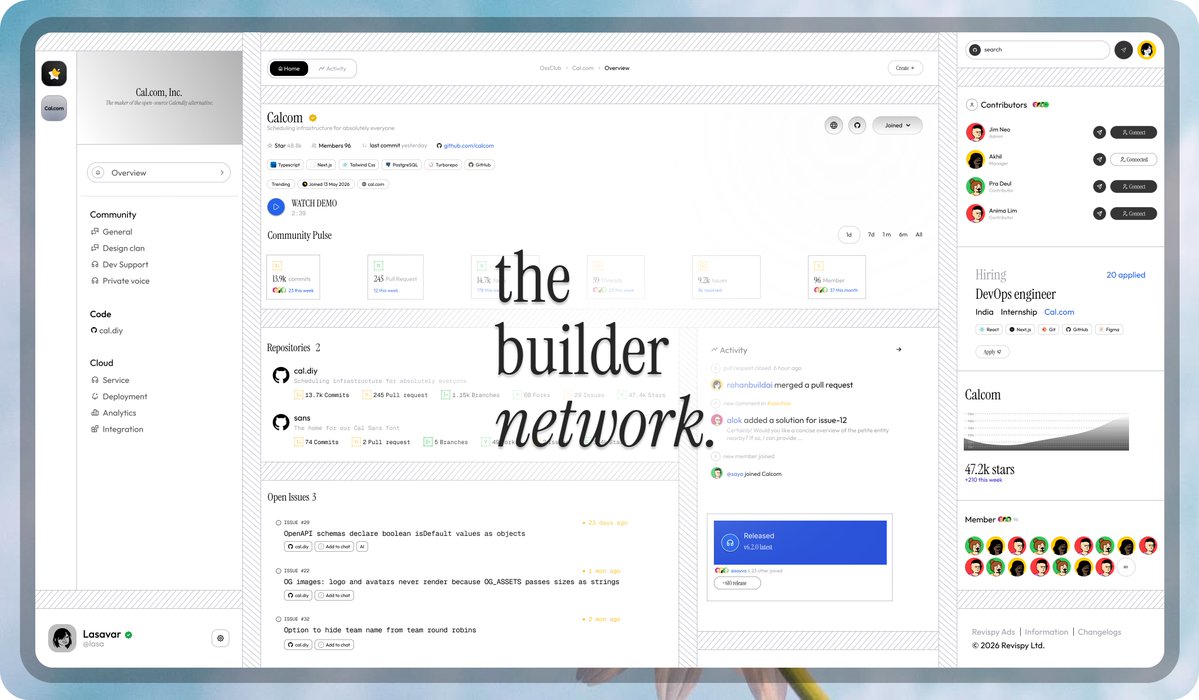 revispy's tweet photo. Hey developers &amp; indie hackers👋

Early access is now open for OSS Club.
https://t.co/kYXL7QW9la

A place to start projects from day one, build in public, find contributors, discover projects to contribute to, and connect with people who build.

Connect. Ask. Build. Launch. Grow. https://t.co/SBUqHpW53g