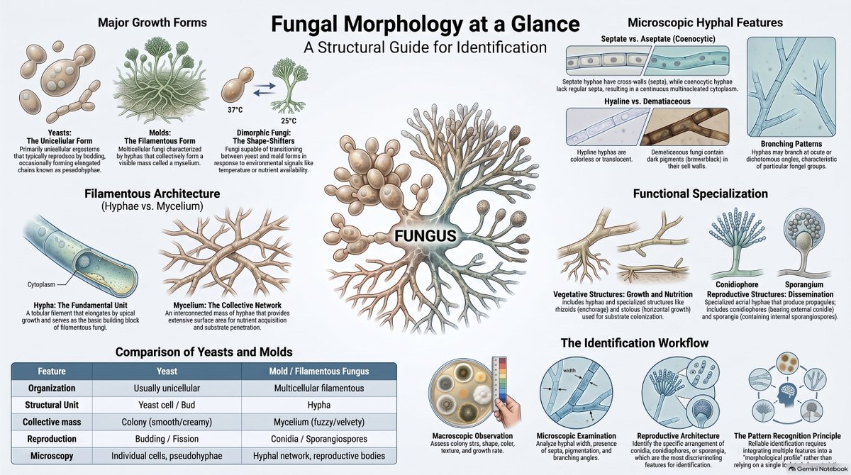 drmmks's tweet photo. 🍄 Fungal Morphology at a Glance: A guide to yeasts, molds, dimorphic fungi, hyphae, mycelium, septation, branching, reproductive structures &amp; fungal identification. 🔬 Observe the structure. Recognize the pattern. Identify the fungus. #Mycology #Microbiology #SciWhizMicrobiology https://t.co/uexLthrFrX