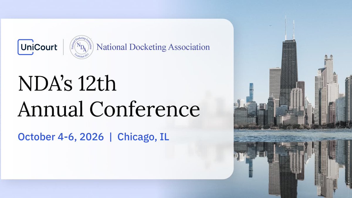 UniCourtInc's tweet photo. Manually monitoring court sources takes time, doesn’t scale, and can leave critical case updates unnoticed.

@UniCourtInc is excited to be at this year’s NDA Annual Conference (@Docketing) to show you how automated docket tracking can help your team stay ahead of case activity with:

🔎 Real-time docket updates across thousands of state and federal courts
🔎 Automated alerts for new filings, hearings, and more
🔎 Docket data delivered into your existing applications and workflows

Join us from October 4-6 in Chicago and learn why manually checking multiple court sources just isn’t cutting it anymore. Schedule some time with our team here: https://t.co/aiFkGEDDoa