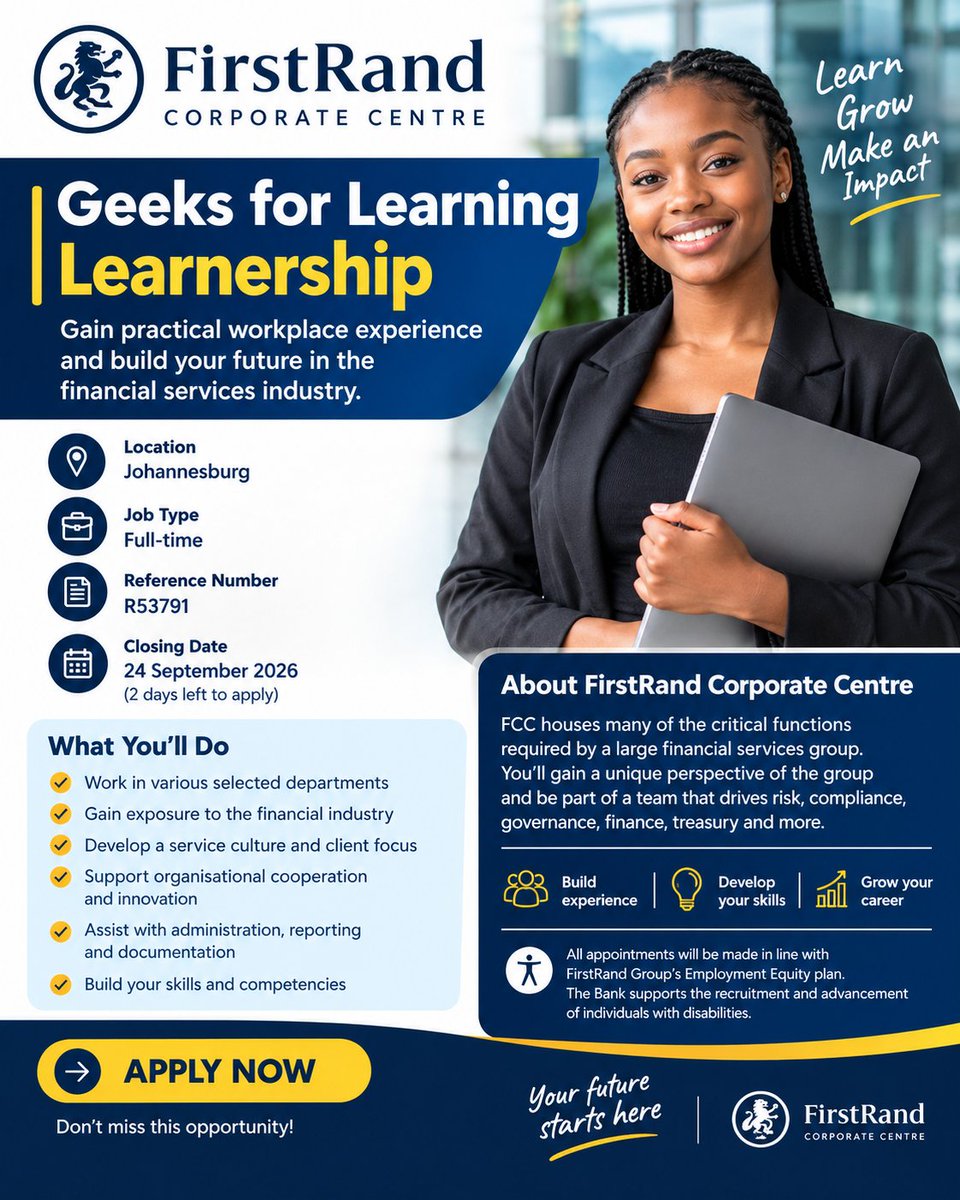 CarolBoitumelo1's tweet photo. FirstRand Learnership Programme 

📌GEeks for Learning Learnership

Location: Johannesburg
Job Type: Full-time
Ref: R53791
Closing Date: 24 September 2026

Note: Visit Their Official Site To Apply

Full Details: https://t.co/niLWCHiuDq https://t.co/W56Lvy92VH
