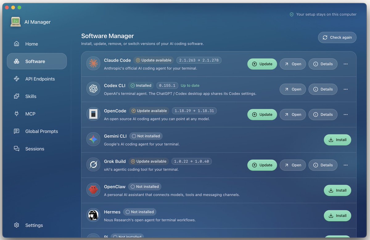 OnlistHQ's tweet photo. Introducing AI Manager

An open-source AI butler for your desktop. It helps you install, update, and manage AI software, easily   switch API endpoints, and organize your Skills and MCP servers - all in one simple place.

Get started: https://t.co/LedWjYpKtL https://t.co/NYjBIrIQY1