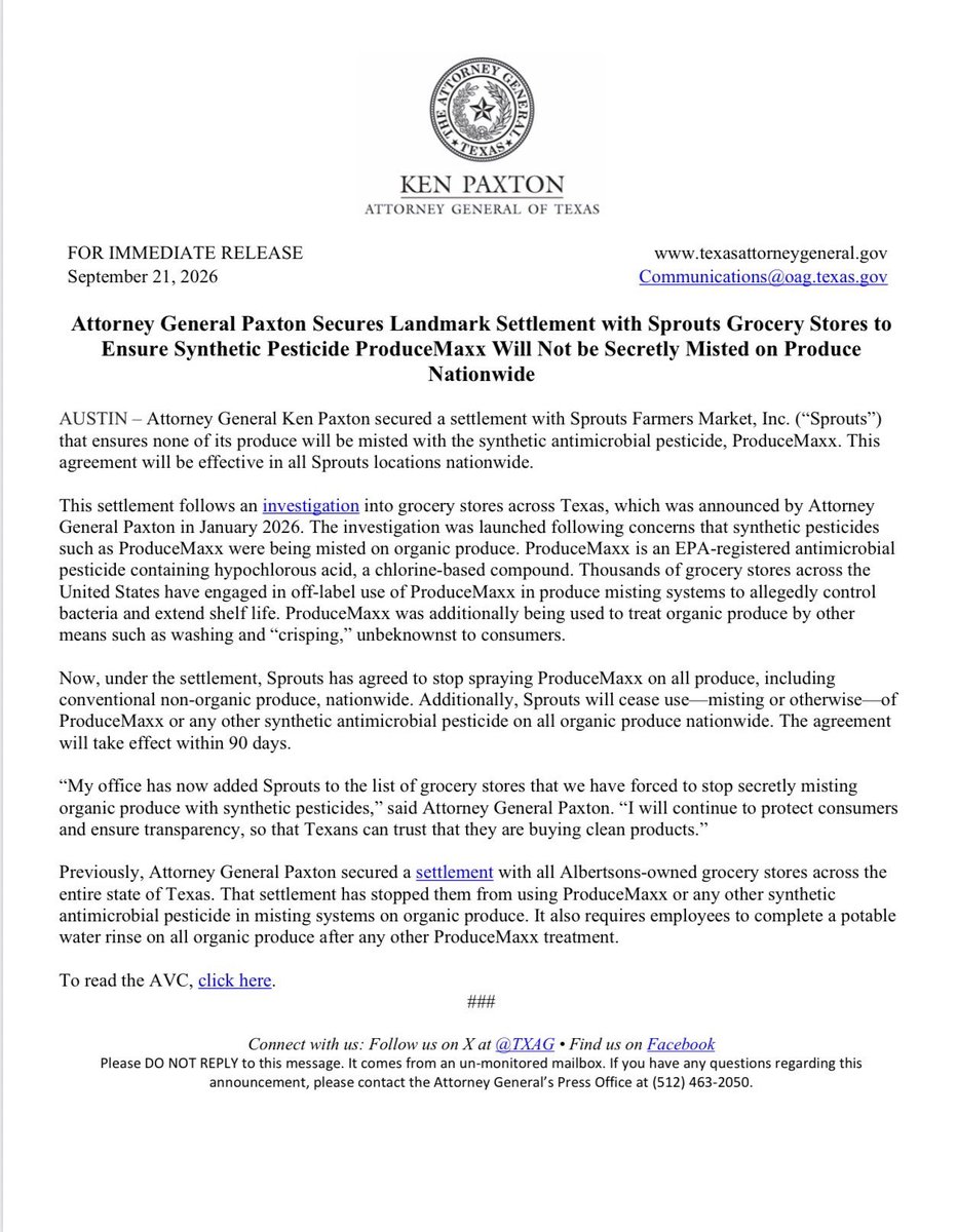 KenPaxtonTX's tweet photo. BREAKING: I secured a landmark settlement with Sprouts grocery stores to ensure that the synthetic pesticide ProduceMaxx will not be secretly misted on produce nationwide. https://t.co/ctqETlYBPa