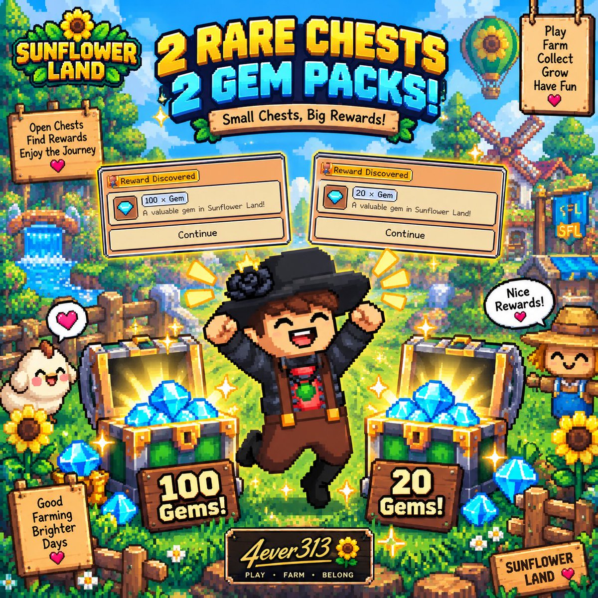 4ever313Gaming's tweet photo. Two Rare Chests… TWO Gem rewards! 💎🔥

Opened 2 Rare Chests and somehow pulled:
💎 100 Gems
💎 20 Gems

120 Gems total — I’ll take that! 😂🌻

#SunflowerLand #SFL #Web3Gaming #4ever313 https://t.co/waJTHiV8Oc