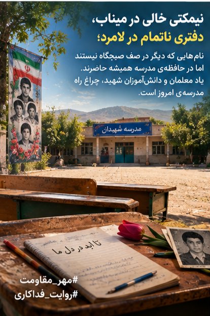rima_1372's tweet photo. نیمکتی خالی در میناب، دفتری ناتمام در لامرد؛ نام‌هایی که دیگر در صف صبحگاه نیستند اما در حافظه‌ی مدرسه همیشه حاضرند. یاد معلمان و دان��‌آموزان شهید، چراغ راه مدرسه‌ی امروز است.
#مهر_مقاومت
 #روایت_فداکاری https://t.co/K2HNYME6JD